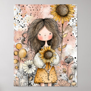 Whimsical Girl Watercolor mit floralen Akzenten (1 Poster