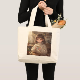 Whimsical Girl with Coffee Tote Bag Jumbo Stoffbeutel