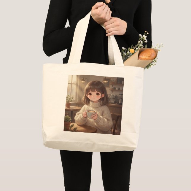 Whimsical Girl with Coffee Tote Bag Jumbo Stoffbeutel (Vorderseite (Produkt))