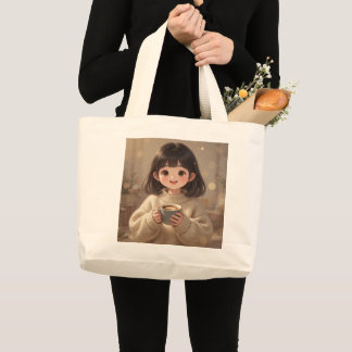Whimsical Girl with Coffee Tote Bag Jumbo Stoffbeutel