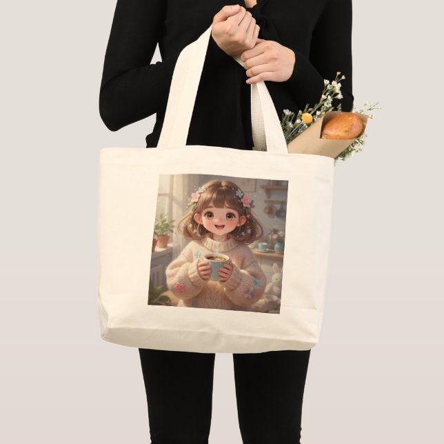 Whimsical Girl with Coffee Tote Bag Jumbo Stoffbeutel (Vorderseite (Produkt))