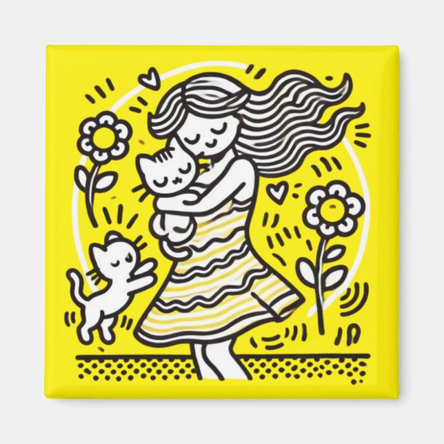 Whimsical Girl with Kitten Magnet (Vorne)