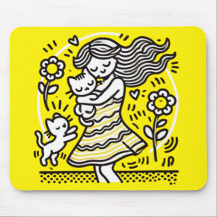 Whimsical Girl with Kitten Mousepad