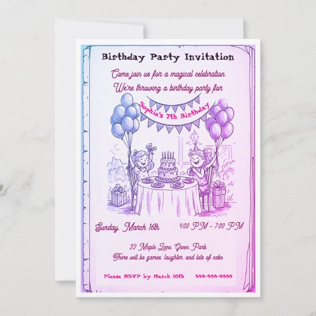 Whimsical Girls Birthday Party Invitation | Hand-D Einladung (Vorderseite)