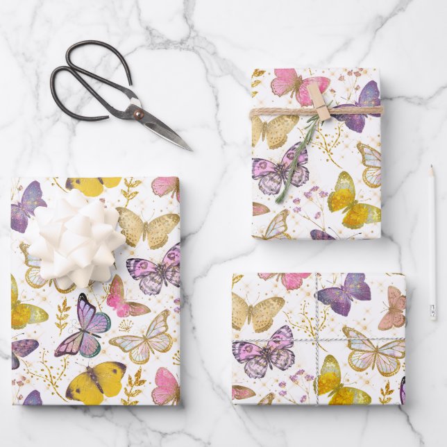 Whimsical Girly Imitats Glitzer Butterflies Lila K Geschenkpapier Set (Vorderseite)