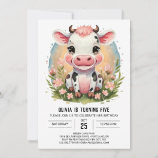 Whimsical Girly Pink Kuh Geburtstag Einladung