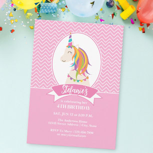Whimsical Girly Pink Rainbow Unicorn Girl Birthday Einladung