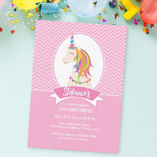 Whimsical Girly Pink Rainbow Unicorn Girl Birthday Einladung