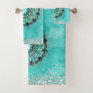 Whimsical Glittery Lotus Mandala Aquamarin Badhandtuch Set