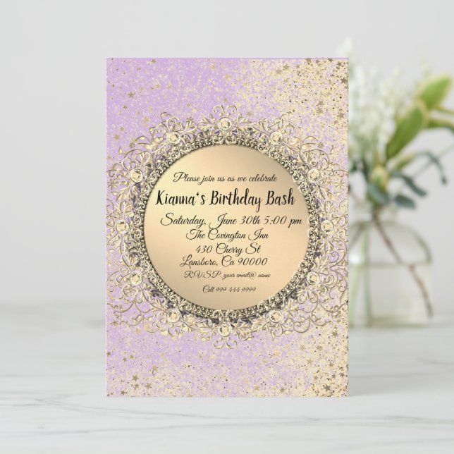 Whimsical Glittery Stars Lavender Birthday (Stehend Vorderseite)
