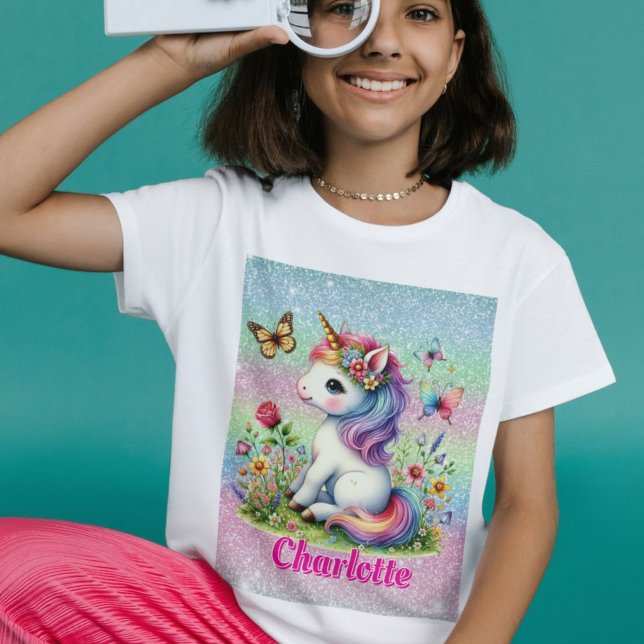 Whimsical Glitzer Blume Einhorn T - Shirt (Von Creator hochgeladen)