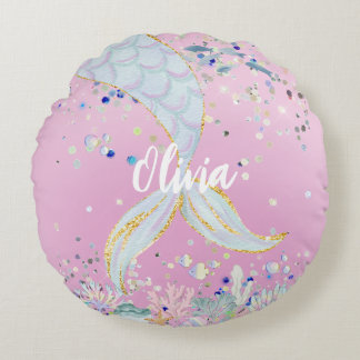 Whimsical Glitzer Meerjungjacht Rundes Kissen