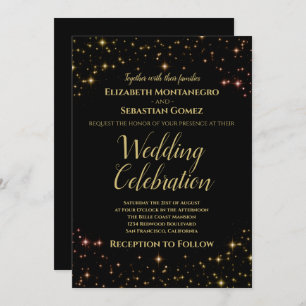 Whimsical Glitzern & Stars Gold auf Black Wedding Einladung