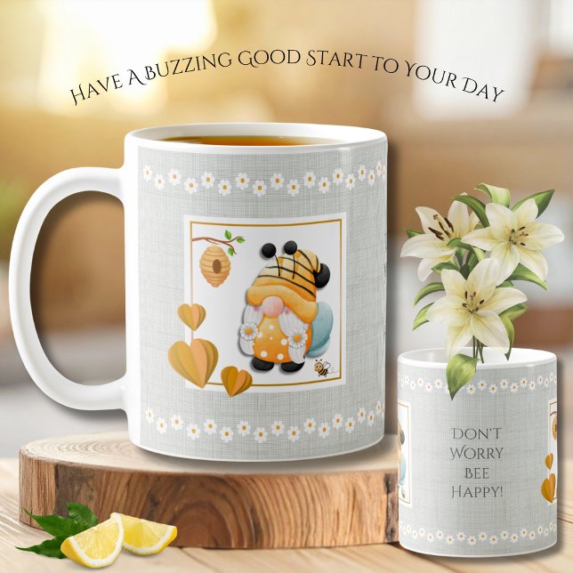 Whimsical Gnome Don’t Worry Bee Happy Daisy Mug Kaffeetasse (Brighten your morning coffee routine with this adorable watercolor Bee Gnome mug)