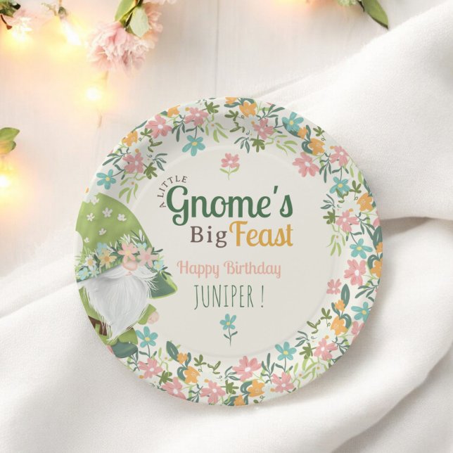 Whimsical Gnome First Birthday Floral Pappteller (Whimsical Gnome First Birthday Floral Paper Plates)