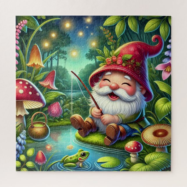 Whimsical Gnome Fischen durch einen magischen Wald Puzzle (Vertikal)