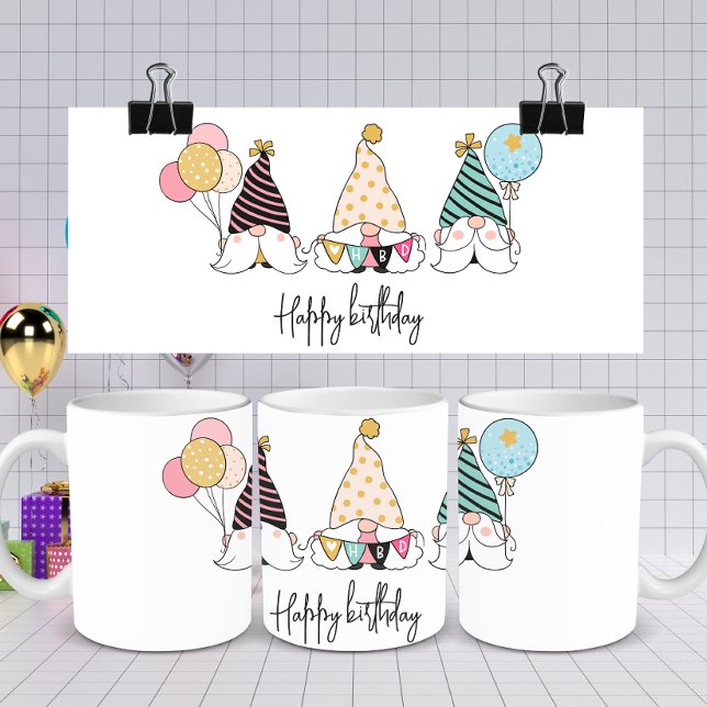 Whimsical Gnome Trio Happy Birthday Kaffeetasse (Von Creator hochgeladen)
