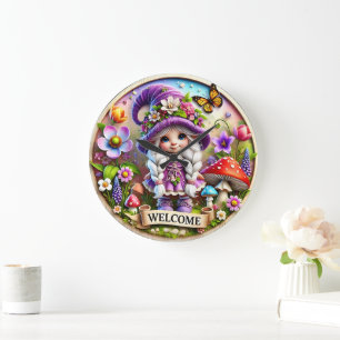 Whimsical Gnome Welcome Clock: Blumenfantasy Große Wanduhr