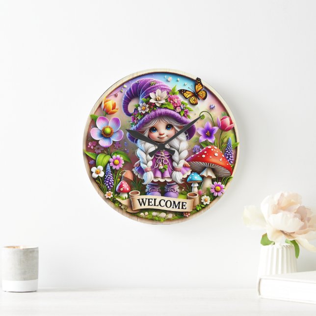 Whimsical Gnome Welcome Clock: Blumenfantasy Große Wanduhr (Zuhause)