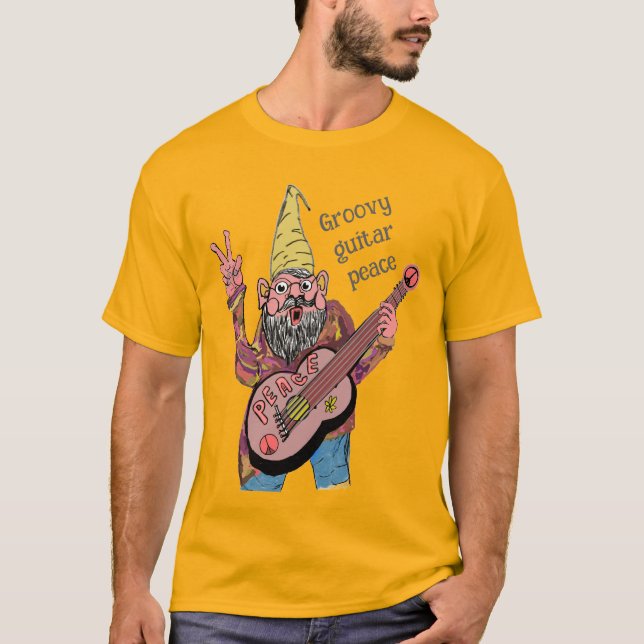 Whimsical Gnome with Peace Guitar, Groovy 60s Vibe T-Shirt (Vorderseite)