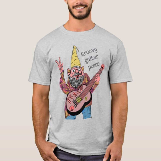 Whimsical Gnome with Peace Guitar, Groovy 60s Vibe T-Shirt (Vorderseite)