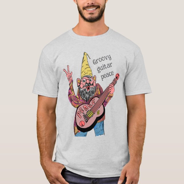 Whimsical Gnome with Peace Guitar, Groovy 60s Vibe T-Shirt (Vorderseite)