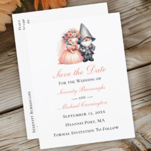 Whimsical Gnome Woodland Orange Wedding Rett Date Ankündigungspostkarte