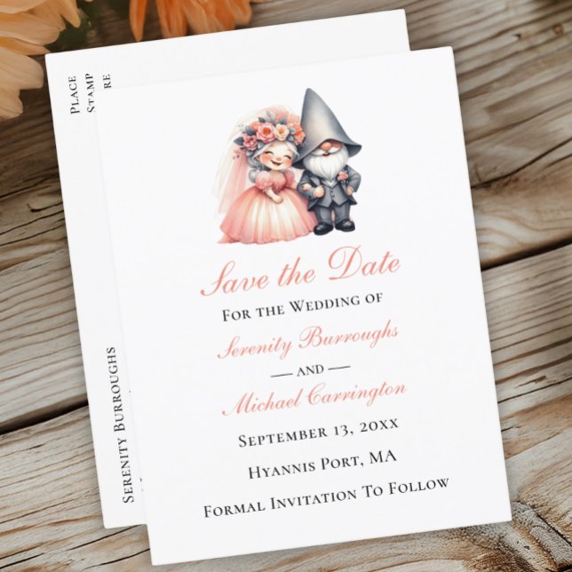 Whimsical Gnome Woodland Orange Wedding Rett Date Ankündigungspostkarte (Von Creator hochgeladen)