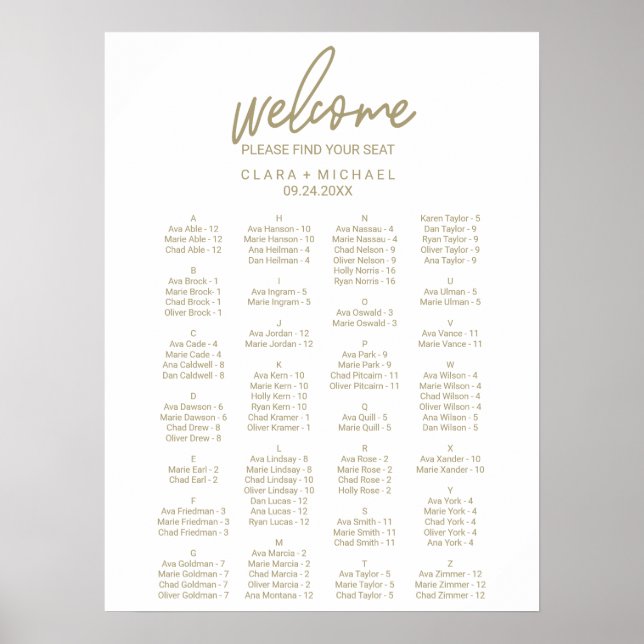 Whimsical Gold Alphabetische Hochzeitstabelle Poster (Vorne)
