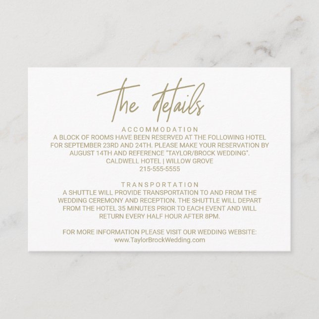Whimsical Gold Calligraphy Wedding Details Card Begleitkarte (Vorderseite)