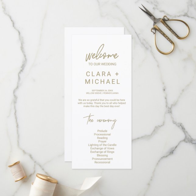 Whimsical Gold Calligraphy Wedding Programm (Vorderseite/Rückseite Beispiel)