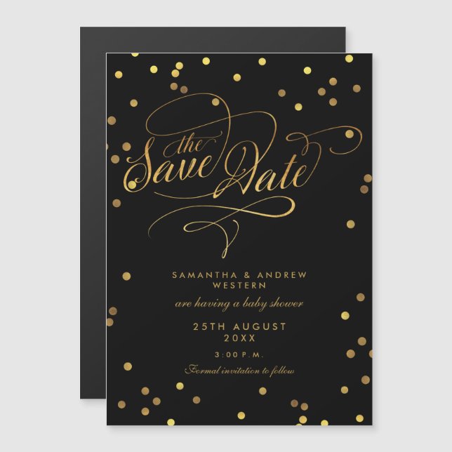 Whimsical Gold Confetti Babydusche Save the Date Magneteinladung (Vorne/Hinten)
