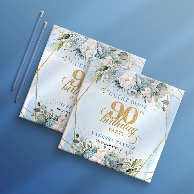 Whimsical Gold Frame Dusty Blue Flowers 90th  Gästebuch (Whimsical Gold Frame Dusty Blue Flowers 90th Birthday Guest Book

)