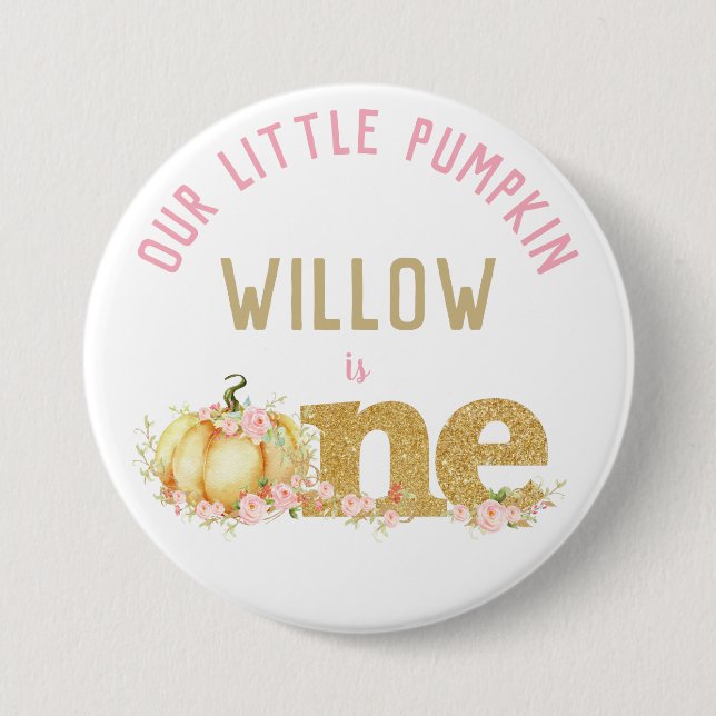 Whimsical Gold Glitzer Pumpkin 1st Birthday Girl Button (Vorderseite)