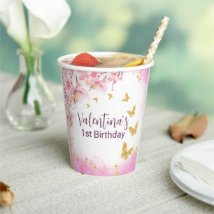 Whimsical Gold Glitzer Schmetterlinge Rosa Blume Pappbecher