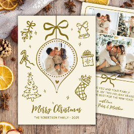 Whimsical Gold Hand Drawn Photo Merry Christmas Feiertagskarte