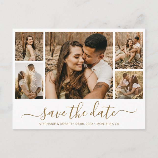 Whimsical Gold Script Foto Collage Save the Date Einladungspostkarte (Vorderseite)