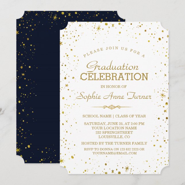 Whimsical Gold Sparkle Starry Sky Graduation Party Einladung (Vorne/Hinten)