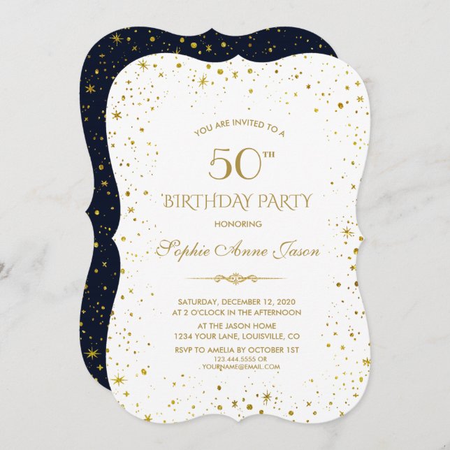 Whimsical Gold Starry Night 50. Geburtstag Einladung (Vorne/Hinten)
