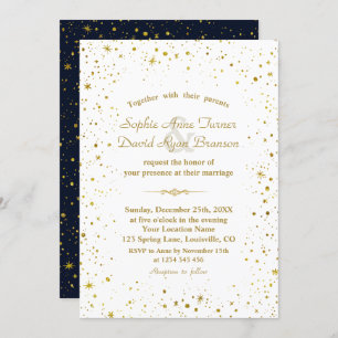 Whimsical Gold Starry Night Navy Blue Wedding Einladung