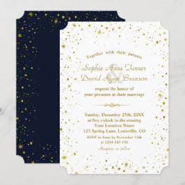 Whimsical Gold Starry Night Navy Blue Wedding Einladung