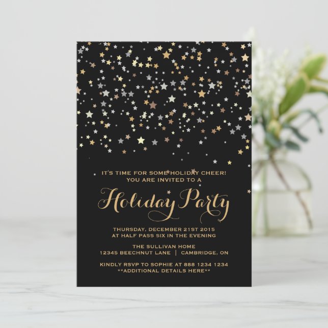Whimsical Gold Stars Confetti Holiday Party Einladung (Stehend Vorderseite)