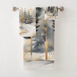 Whimsical Gold und Grau Winter im Wald Badhandtuch Set