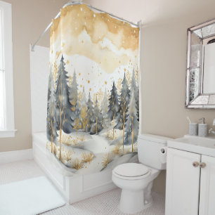 Whimsical Gold und Grau Winter im Wald Duschvorhang