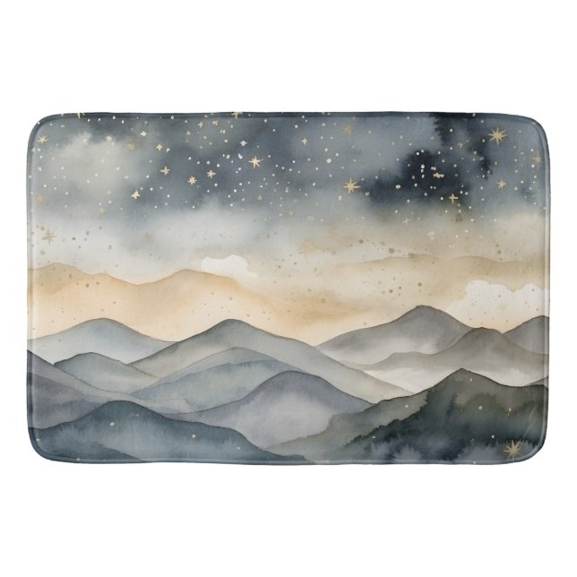 Whimsical Gold und Navy Berge Starry Night Badematte (Vorderseite)