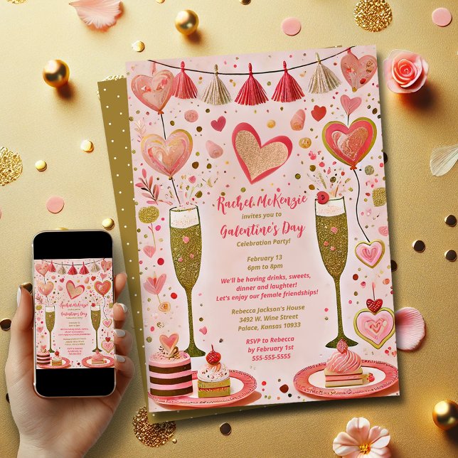 Whimsical Gold und Red Galentine's Day Party Einladung (Galentine's Day Party)