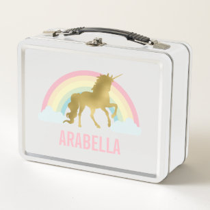 Whimsical Gold Unicorn Girl Metall Lunch Box