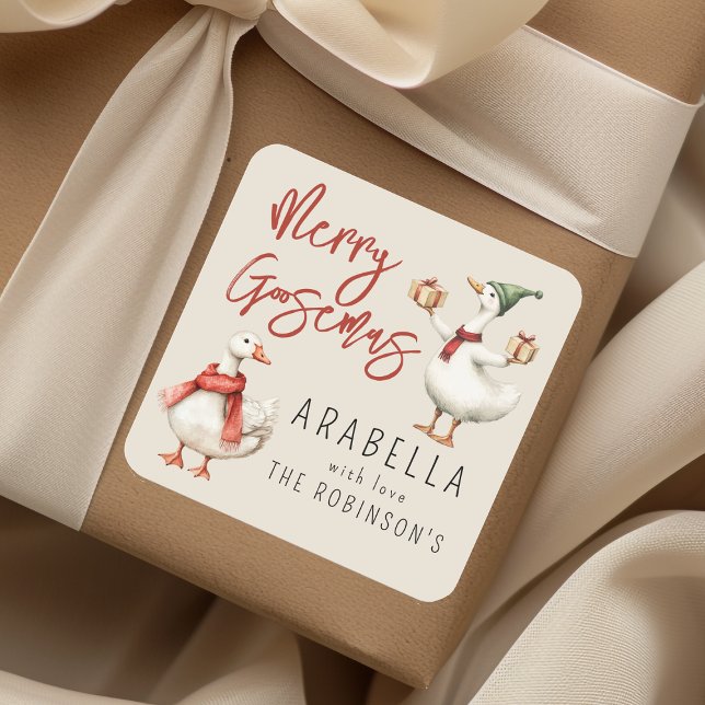 Whimsical Goose Christmas Holiday Gift Quadratischer Aufkleber (Von Creator hochgeladen)