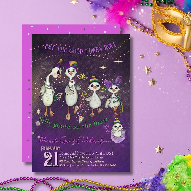 Whimsical Goose Family Mardi Gras Purple Pink Einladung (Whimsical Goose Family Mardi Gras Purple Pink Invitation)