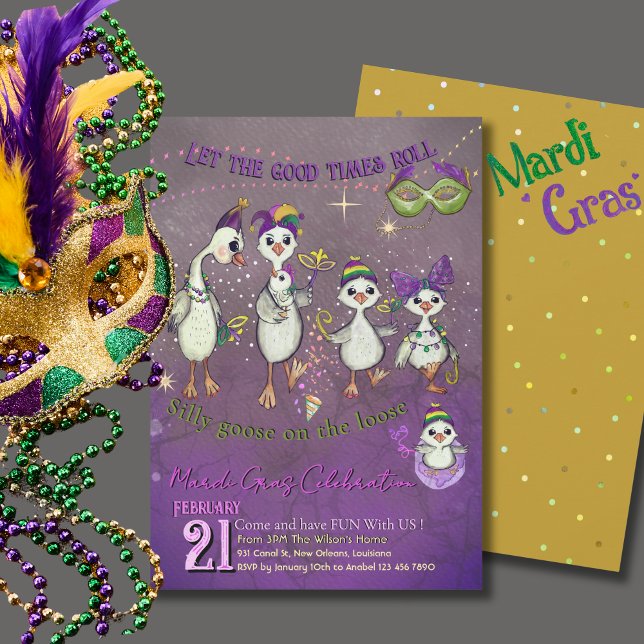 Whimsical Goose Family Mardi Gras Purple Yellow Einladung (Whimsical Goose Family Mardi Gras Purple Yellow Invitation)